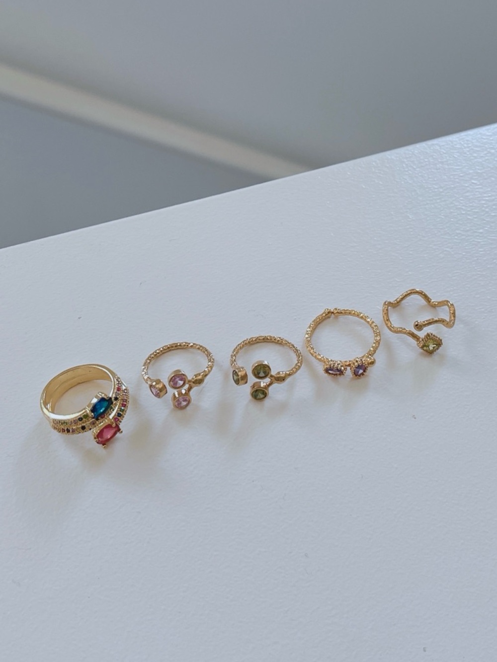 Colorful Rhinestone Multicolor Gemstone Stackable Ring Set in Gold Tone - Picture 3 of 3